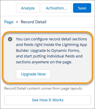 Dynamic Forms Upgrade Wizard in Lightning App Builder Properties Panel