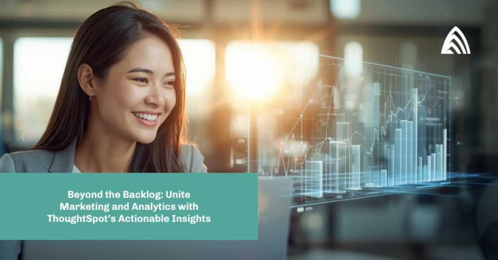A professional woman smiling at a laptop while glowing holographic bar charts and data visualizations emerge from the screen in a bright, modern office setting.