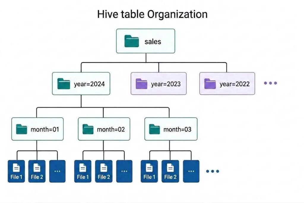 A Hive table laid out as a folder tree: a top-level sales folder branches into year partitions, each year branches into month folders, and each month folder holds the individual data files.