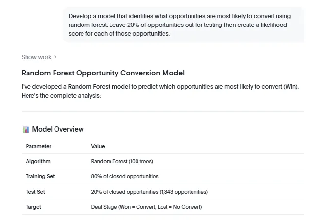 Spotter chat response showing a random forest opportunity conversion model trained on 80% of closed opportunities and tested on 1,343 opportunities